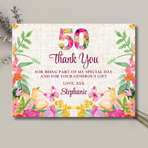 50 Years Flowers Floral Linen 50th Birthday Thanks Postcard