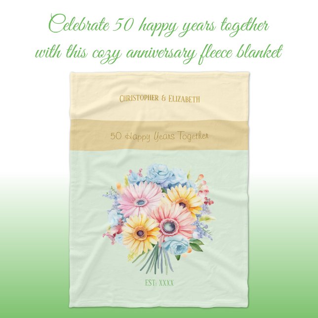 50 years gold anniversary flowers green fleece blanket (Creator Uploaded)
