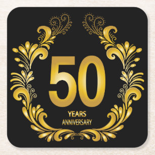 50 Years Gold Glitter Anniversary Square Paper Coaster