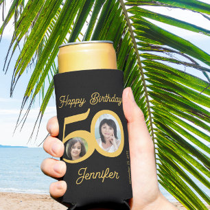 50 years Happy Birthday gold black 2 photos name Seltzer Can Cooler