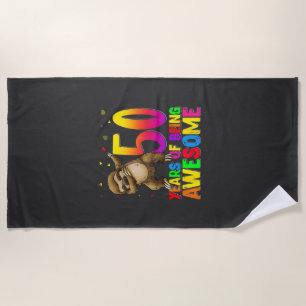 50 Years Old Birthday Sloth Dabbing 50th Birthday  Beach Towel