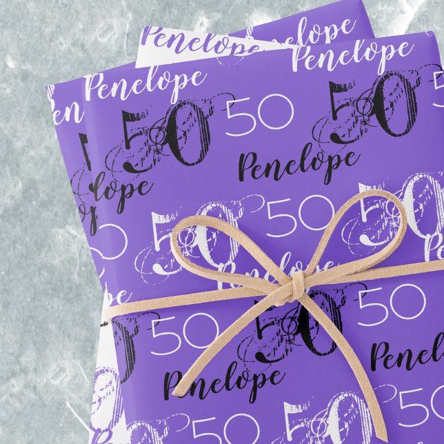 50 years Purple 50th birthday Add Names Wrapping Paper Sheet (in-situ depiction of wrapping paper set)