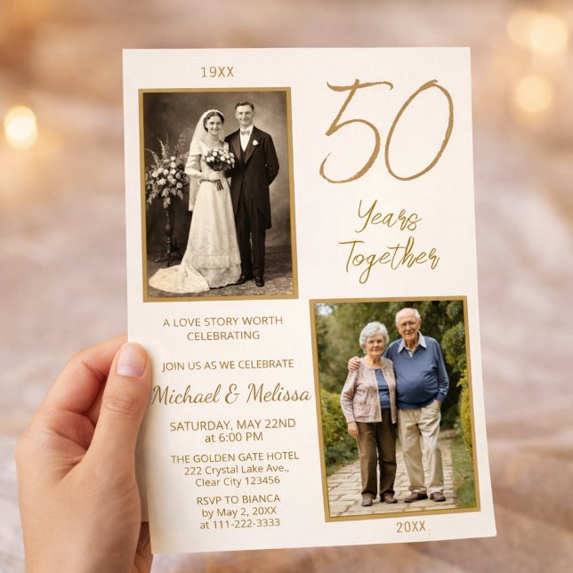 50 Years Together Photo Story Invitation (Elegant then and now 50 years together anniversary invitation design)