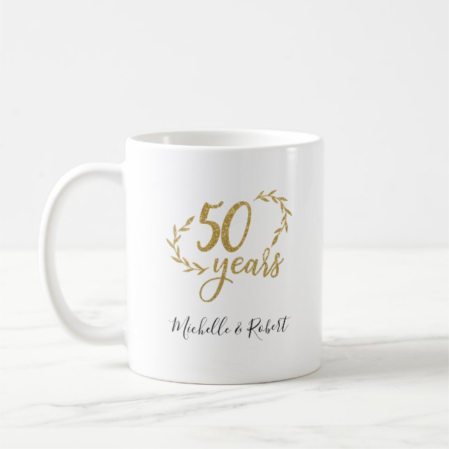 50 years wedding anniversary gift gold glitter coffee mug (Left)