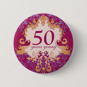 "50 years young" age damask elephant button/badge 2 inch round button