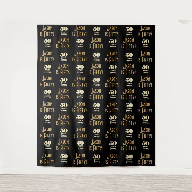 50 Years Young Step and Repeat Party Backdrop Tapestry (Front)