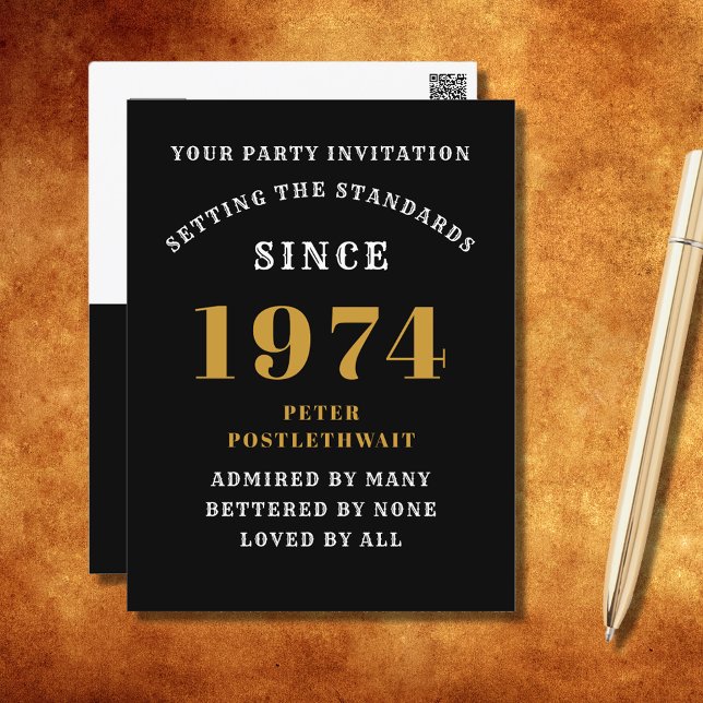 50e Anniversaire 1974 Invitation Noir Or (Elegant Black and Gold 50th Birthday Invitation - Create Your Own Personalized Design. )