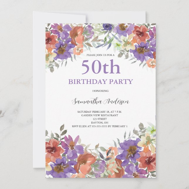 50e anniversaire Aquarelle Invitation florale (Devant)