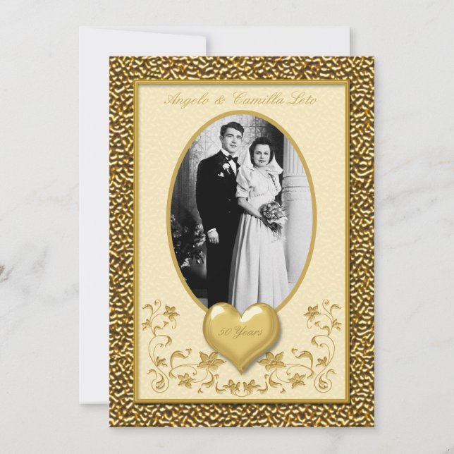 50e anniversaire avec Gold Heart Invitation (Devant)