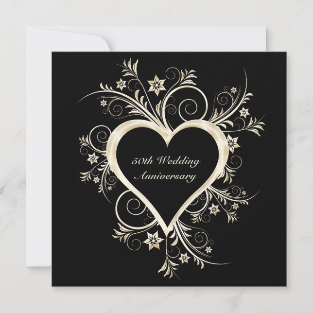 50e anniversaire Black, Gold Heart Invitation (Devant)
