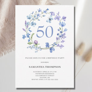 50e anniversaire Blue Floral Aquarelle Invitation