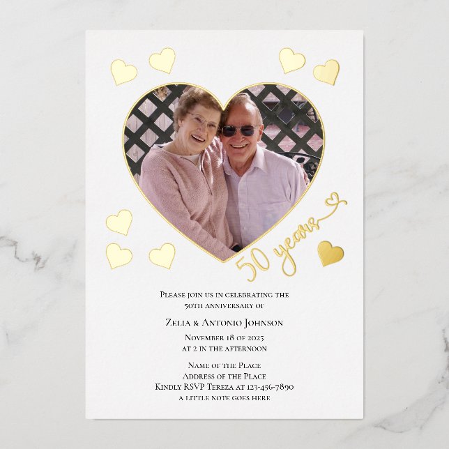 50e Anniversaire Coeur Photo Cadre Foil Invitation (Recto)