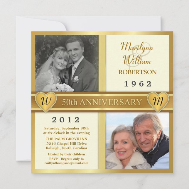 50e Anniversaire d'or Coeurs de photo Invitations (Devant)