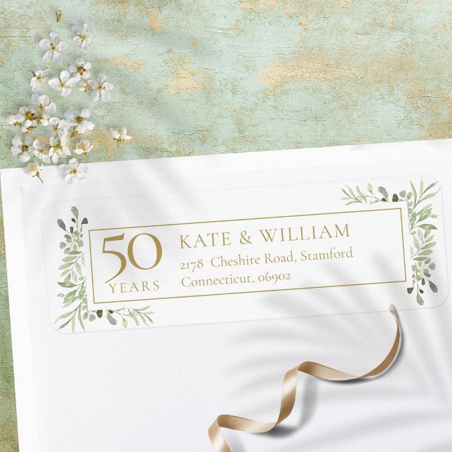 50e Anniversaire d'or Verdure Aquarelle Adresse (50th Gold Anniversary Greenery Watercolour Address Label)