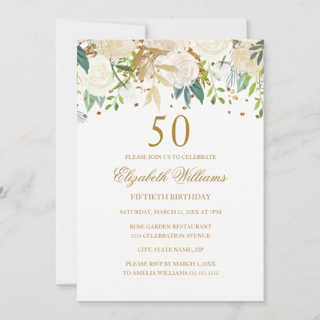 50e anniversaire Elégant or Floral Invitation (Devant)