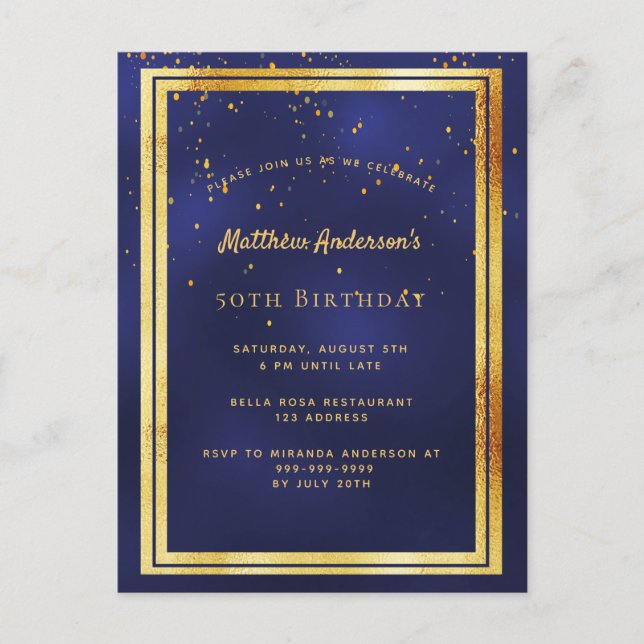 50e anniversaire fête bleu or brillant invitation (Devant)