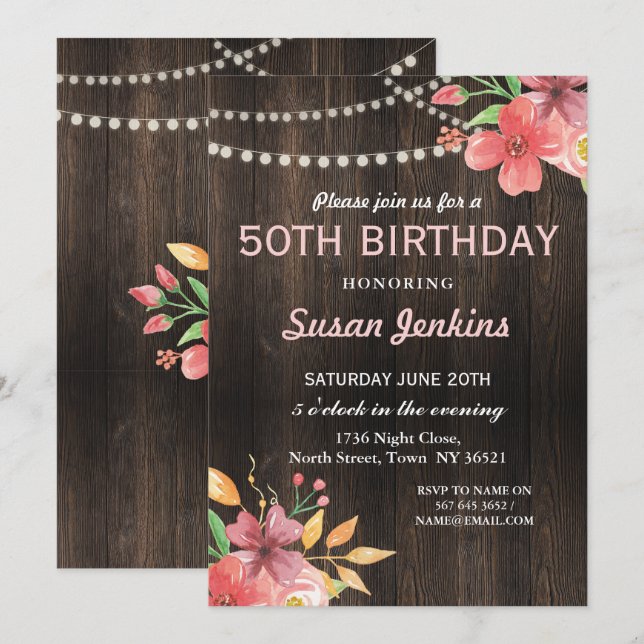 50e anniversaire Invitation de fleurs russes rose  (Devant / Derrière)