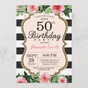 50e anniversaire Invitation Femmes. Or floral noir