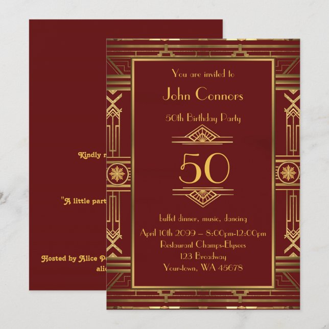 50e anniversaire Invitation Homme 50e, style Gatsb (Devant / Derrière)
