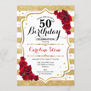 50e anniversaire Invitation or White Stripes Rose