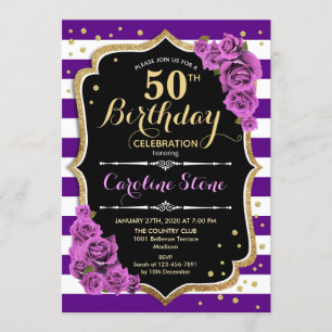 50e anniversaire Invitation Purple Gold avec Roses
