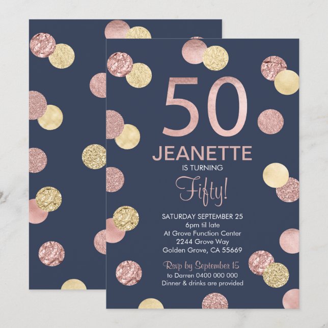 50e anniversaire Invitation Rose Gold et Marine (Devant / Derrière)