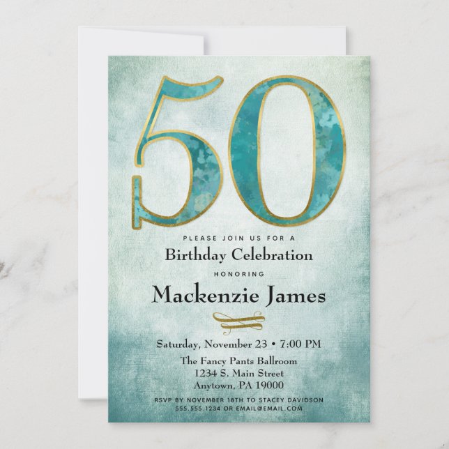 50e anniversaire Invitation Turquoise Blue Gold Ad (Devant)