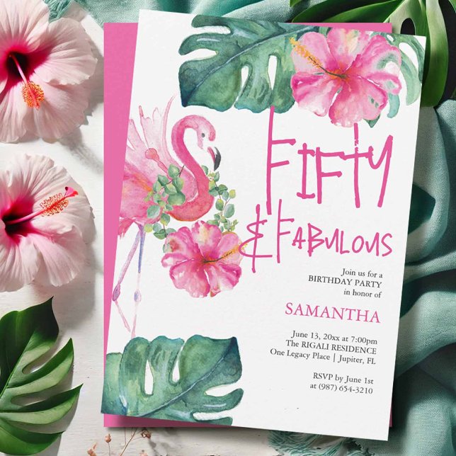 50e anniversaire Invitations Aquarelles tropicales (Tropical watercolor 50th birthday invitation for beach lovers and milestone celebrations )
