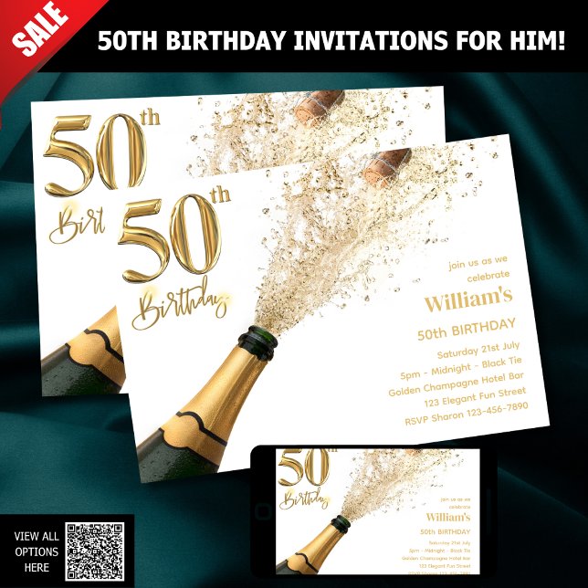 50E ANNIVERSAIRE INVITATIONS POUR LUI - CHAMPAGNE  (Créateur téléchargé)