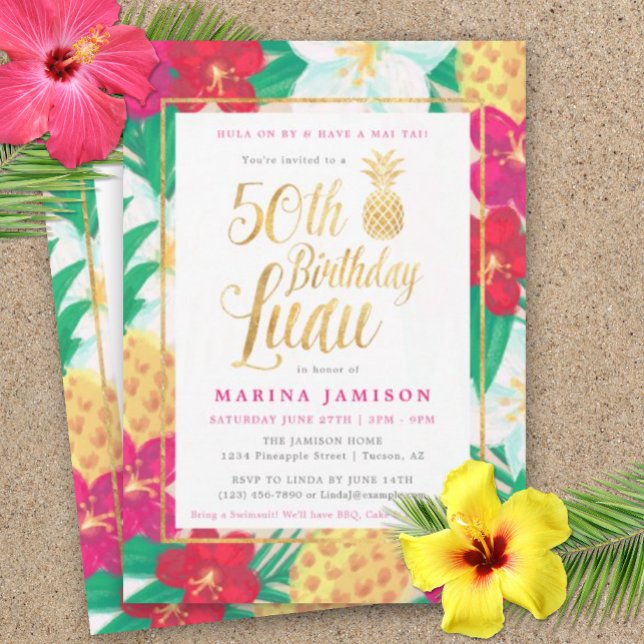 50e anniversaire Luau Invitations | Rose & Or (50th Birthday Luau)