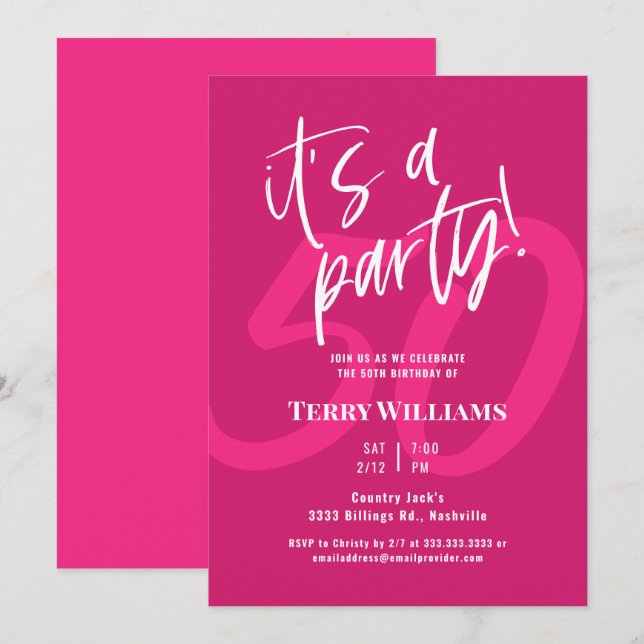 50e Anniversaire rose chaud Invitation (Devant / Derrière)