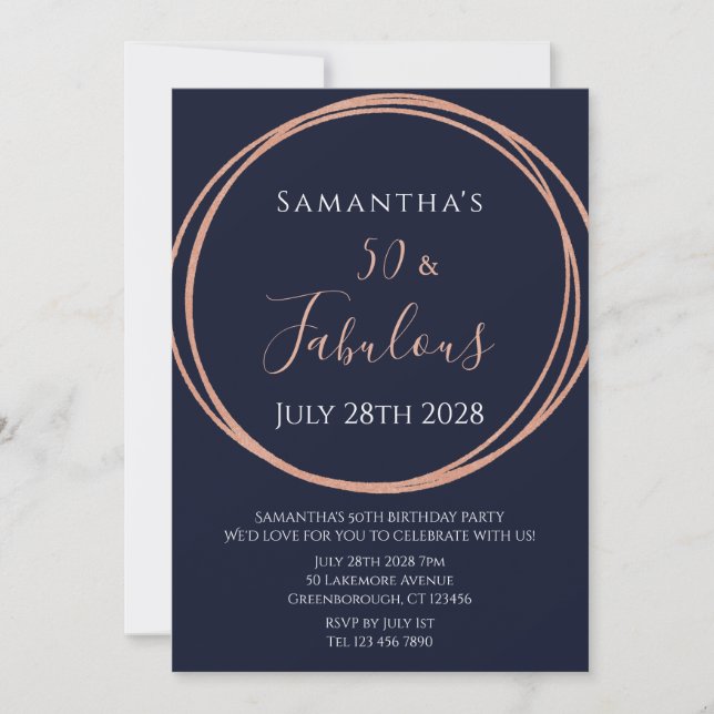 50e anniversaire Rose Gold Navy Invitation d'anniv (Devant)