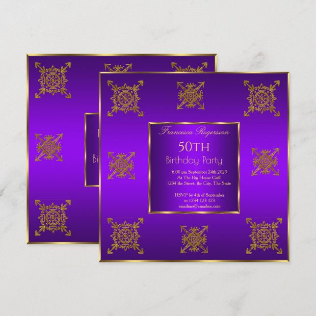 50e Anniversaire Soirée Gold Purple Invitation (Devant / Derrière)