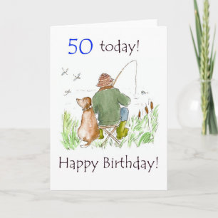50e carte d'anniversaire - Homme pêche avec chien
