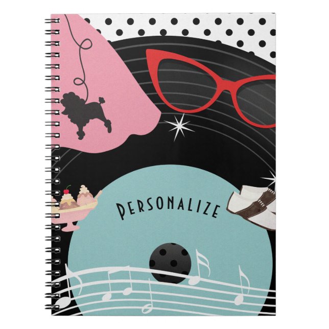 50's 1950's Record Retro Poodle Skirt & Glasses Notebook (Front)
