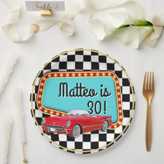 50's 1950's Sock Hop Rock &Rock Chequerboard Car Paper Plate