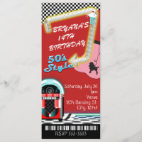 50's 1950's Style Theme Birthday Party Ticket