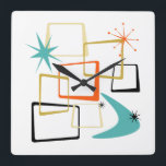 50s Atomic Squares Boomerang Starburst Mid Century Square Wall Clock<br><div class="desc">Add that splash of fun and colour to your wall with this fabulous atomic era mid century modern square wall clock! This design features abstract squares, starbursts, and a boomerang in the colours of orange, turquoise, cream, gold, and black... so funky!</div>