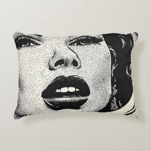 50s BW Graphic Comic Style Dotty Lady Retro Dots Accent Pillow