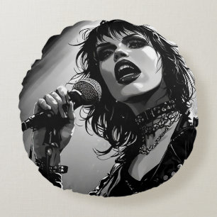 50s BW Graphic Comic Style Goth Punk Singer Round Pillow