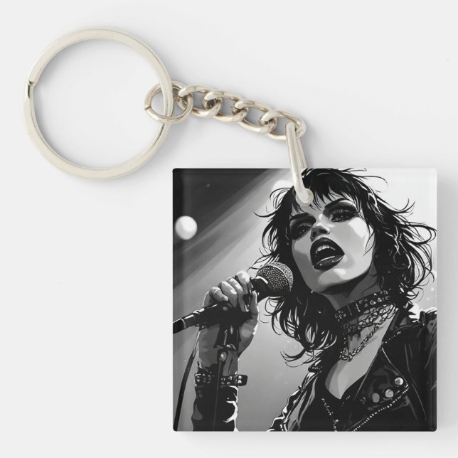 50s BW Graphic Comic Style Goth Punk Singers Keychain (Front)