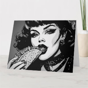 50s BW Graphic Style Goth Girl Eating a Taco Card