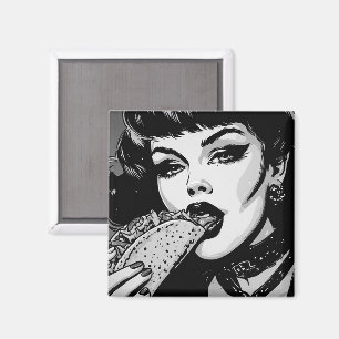 50s BW Graphic Style Goth Girl Eating a Taco Magnet