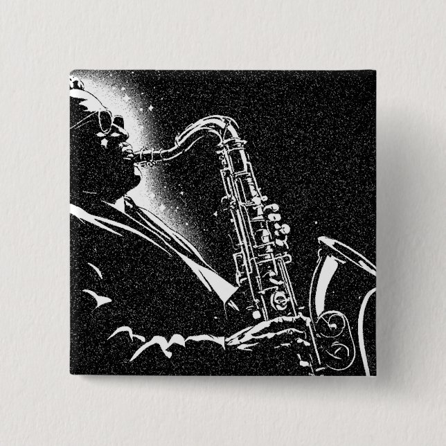 50s BW Graphic Style Saxophone Player 2 Inch Square Button (Front)