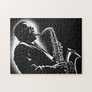 50s BW Graphic Style Saxophone Player Jigsaw Puzzle