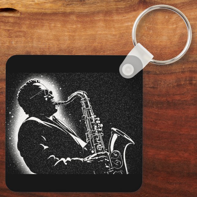 50s BW Graphic Style Saxophone Player Keychain (Back)