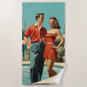 50s Couple By The Pool Beach Towel