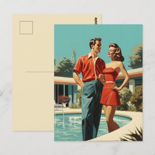50s Couple By The Pool Postcard