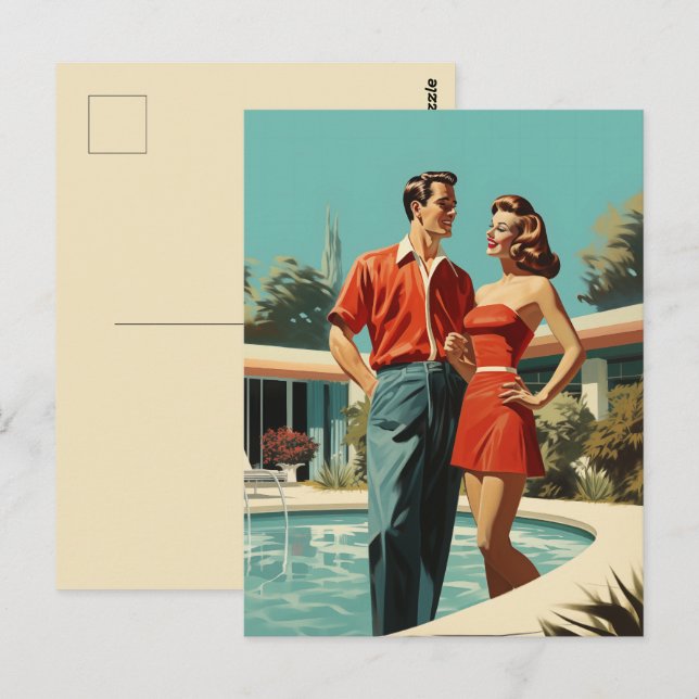 50s Couple By The Pool Postcard (Front/Back)