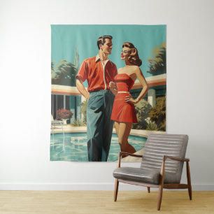 50s Couple By The Pool Tapestry